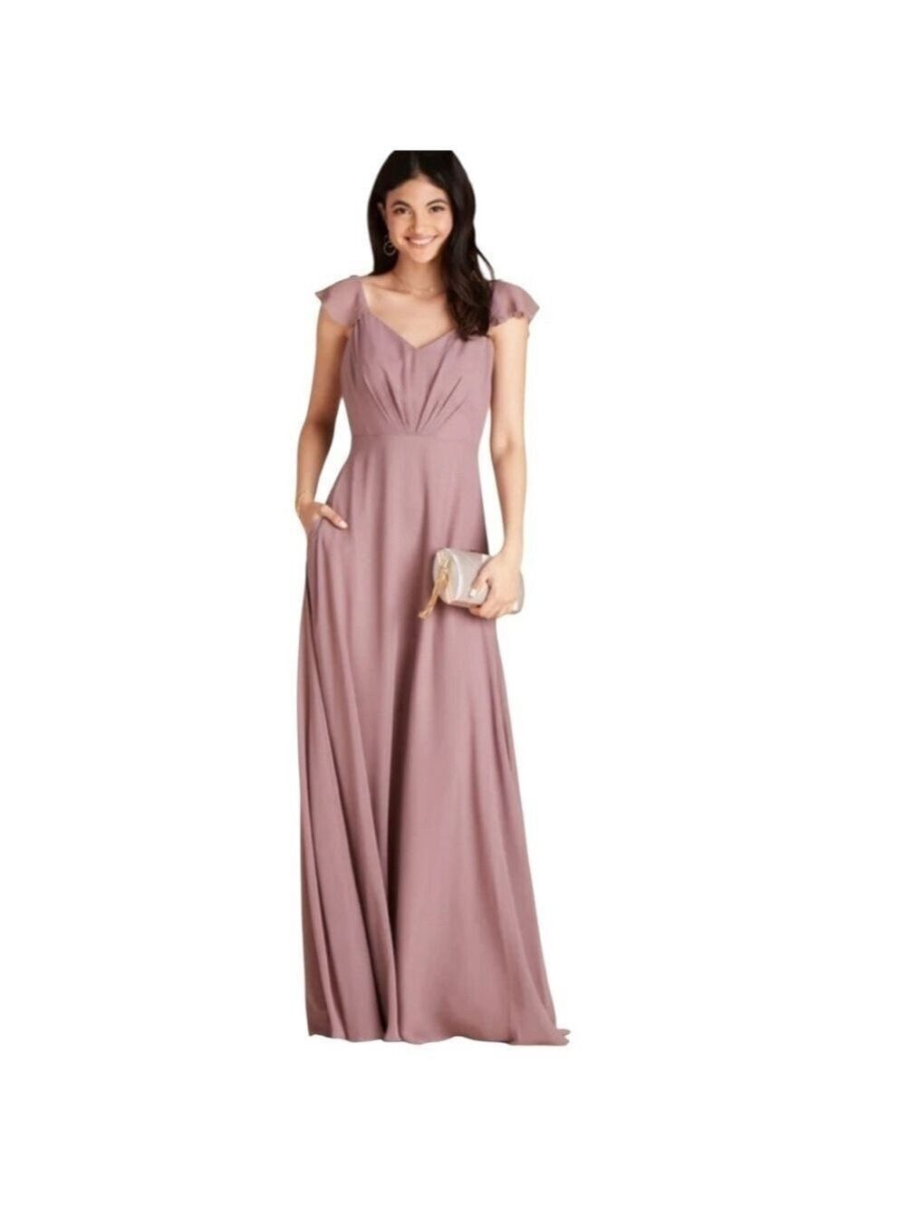Birdy Grey Kae Bridesmaid Dress Dark Mauve Ruffle Flutter Sleeves Pockets NWT XL
